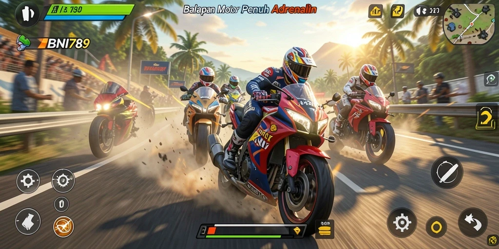 Tampilan gameplay balap motor yang seru dan mendebarkan.