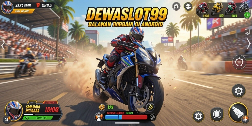 Tampilan gameplay yang mendebarkan di DEWASLOT99 saat balapan motor.