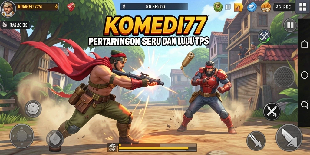 Screenshot utama KOMEDI77 menampilkan aksi seru dengan karakter lucu dalam gameplay TPS.