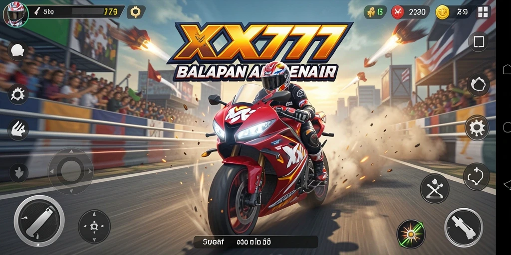 Tangkapan layar utama dari XXX777 menunjukkan balapan motor yang intens dan mendebarkan.